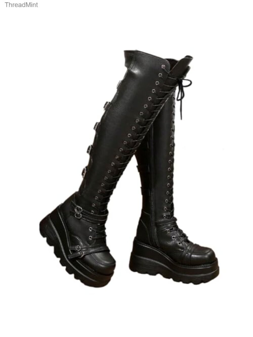 Women's Over Knee Boots Gothic Punk Thigh High Motorcycle Lace Up